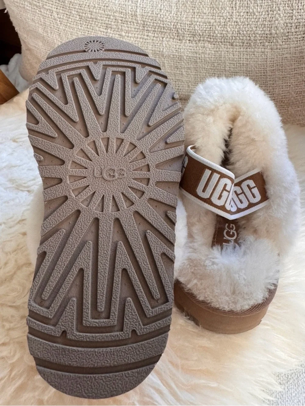 UGG Kids Funkette Chestnut Brown Suede Shearling Slide with Cream Fur